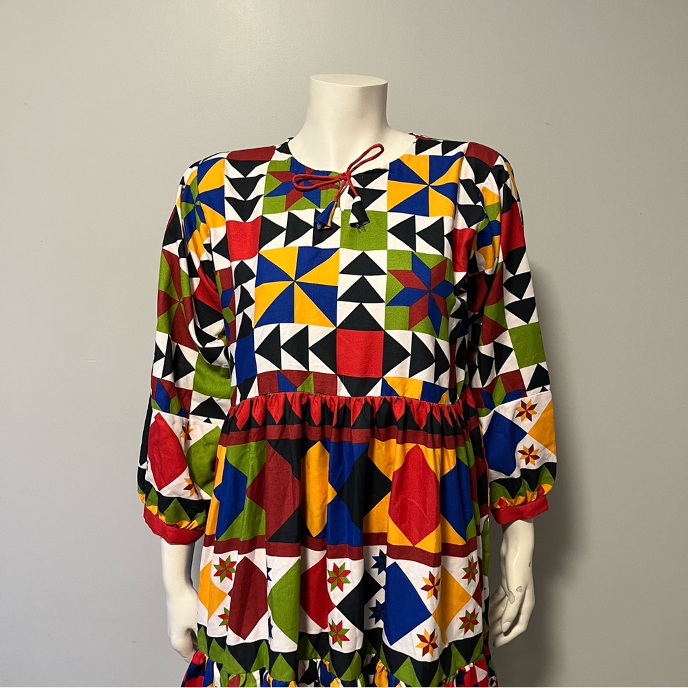 Hand Crafted Bold Bright Multicolor Patchwork Printed Summer Dress One Size
